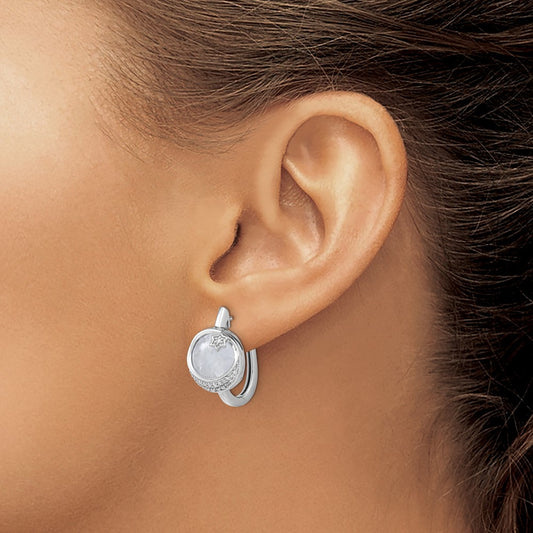 14k White Gold Diamond & Moonstone Moon Star Hinged Hoop Earrings