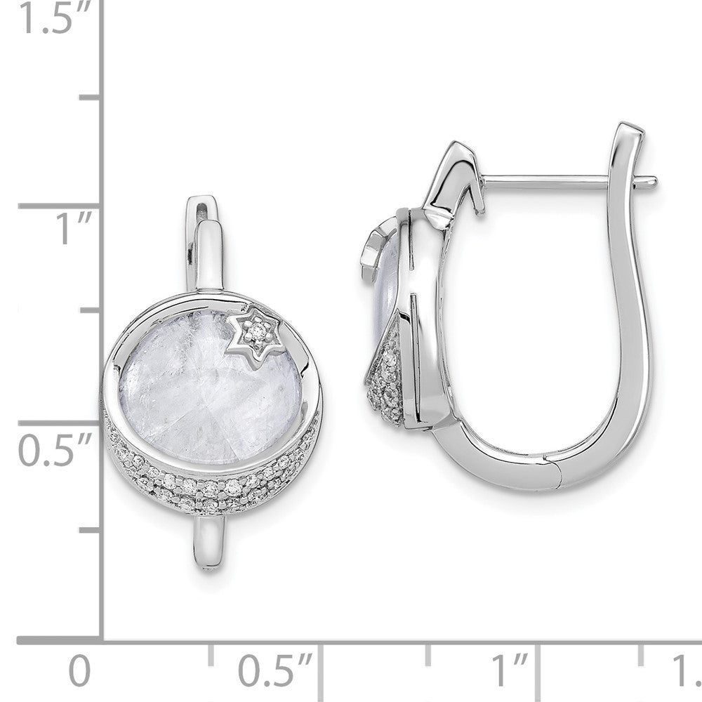 14k White Gold Diamond & Moonstone Moon Star Hinged Hoop Earrings