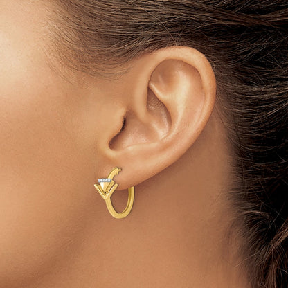 14k Yellow Gold Satin Polished Diamond Triangle Hinged Hoop Earrings