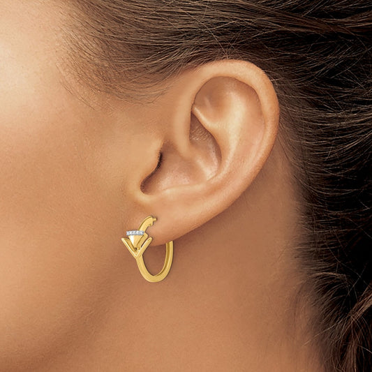 14k Yellow Gold Satin Polished Diamond Triangle Hinged Hoop Earrings