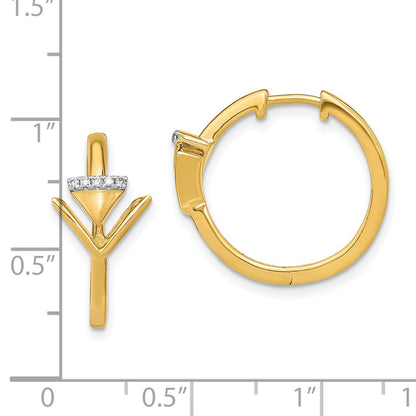 14k Yellow Gold Satin Polished Diamond Triangle Hinged Hoop Earrings