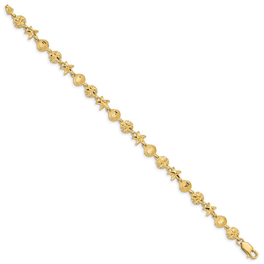 14k Yellow Gold Diamond-cut Starfish Sand Dollar Shell Bracelet 7"