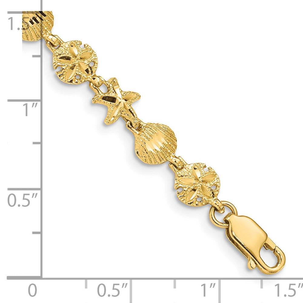 14k Yellow Gold Diamond-cut Starfish Sand Dollar Shell Bracelet 7"