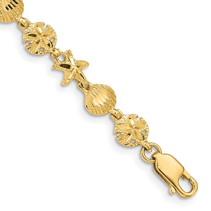 14k Yellow Gold Diamond-cut Starfish Sand Dollar Shell Bracelet 7"