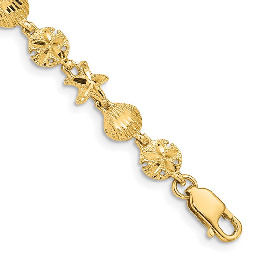 14k Yellow Gold Diamond-cut Starfish Sand Dollar Shell Bracelet 7"