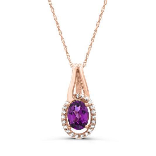 10K Rose Gold Rhodolite Purple Garnet and Diamond Pendant Necklace 18"