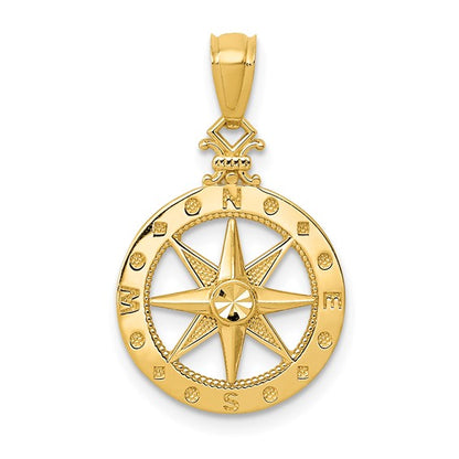 14k Yellow Gold Diamond-cut Polished Compass Pendant for Men