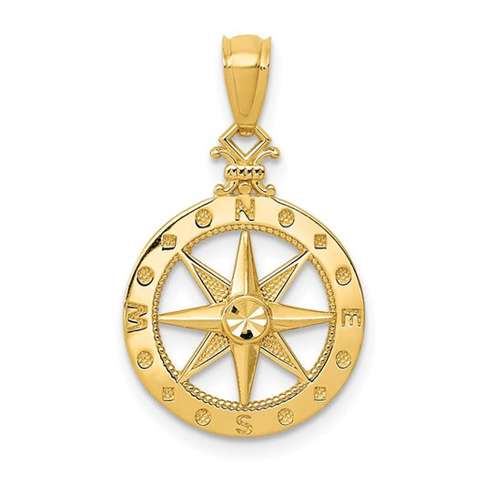 14k Yellow Gold Diamond-cut Polished Compass Pendant for Men