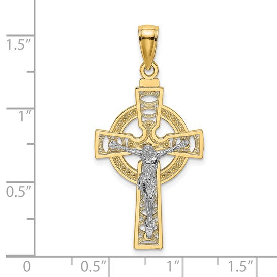 14K Two-tone Gold Celtic Crucifix with Eternity Circle Charm Pendant L-34.4 mm, W-18 mm