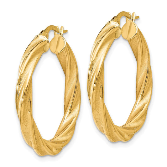 14k Yellow Gold Polished Scratch-finish Twisted Hoop Earrings