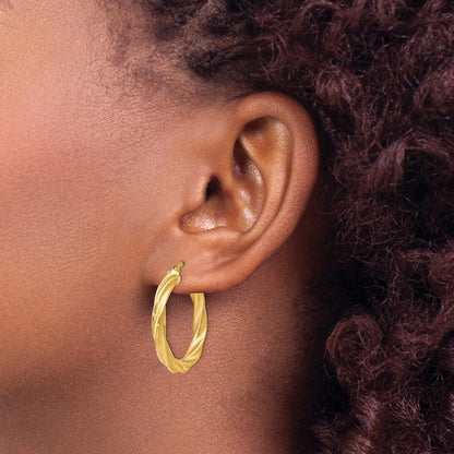 14k Yellow Gold Polished Scratch-finish Twisted Hoop Earrings