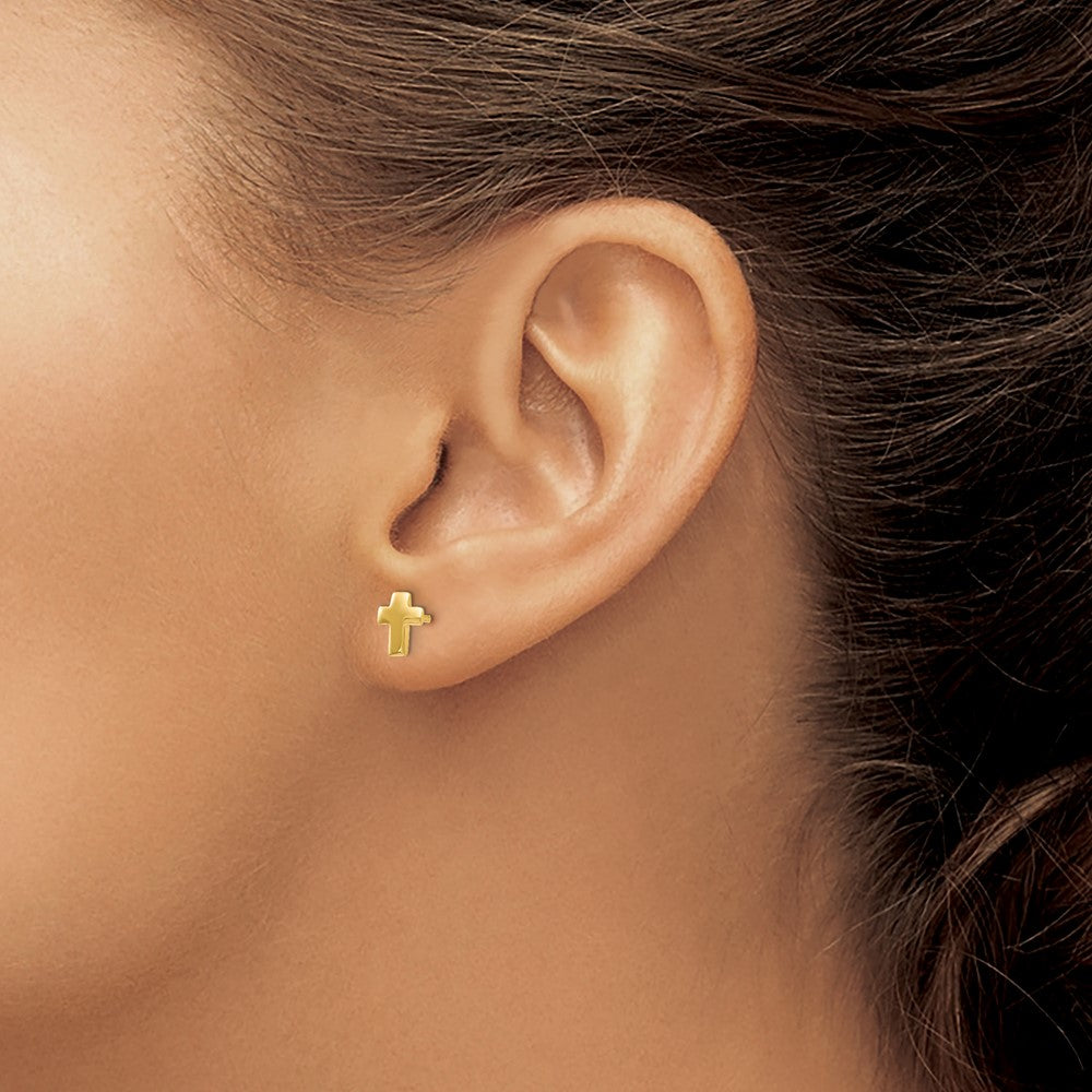 14k Yellow Gold Polished Cross Stud Earrings