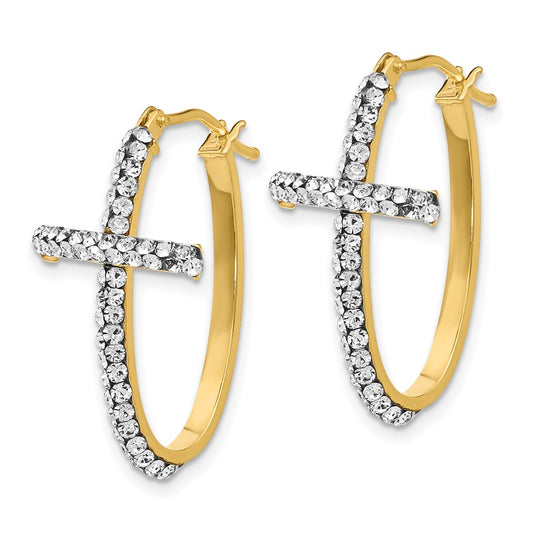 14k Yellow Gold Crystals Polished Cross Hoop Earrings