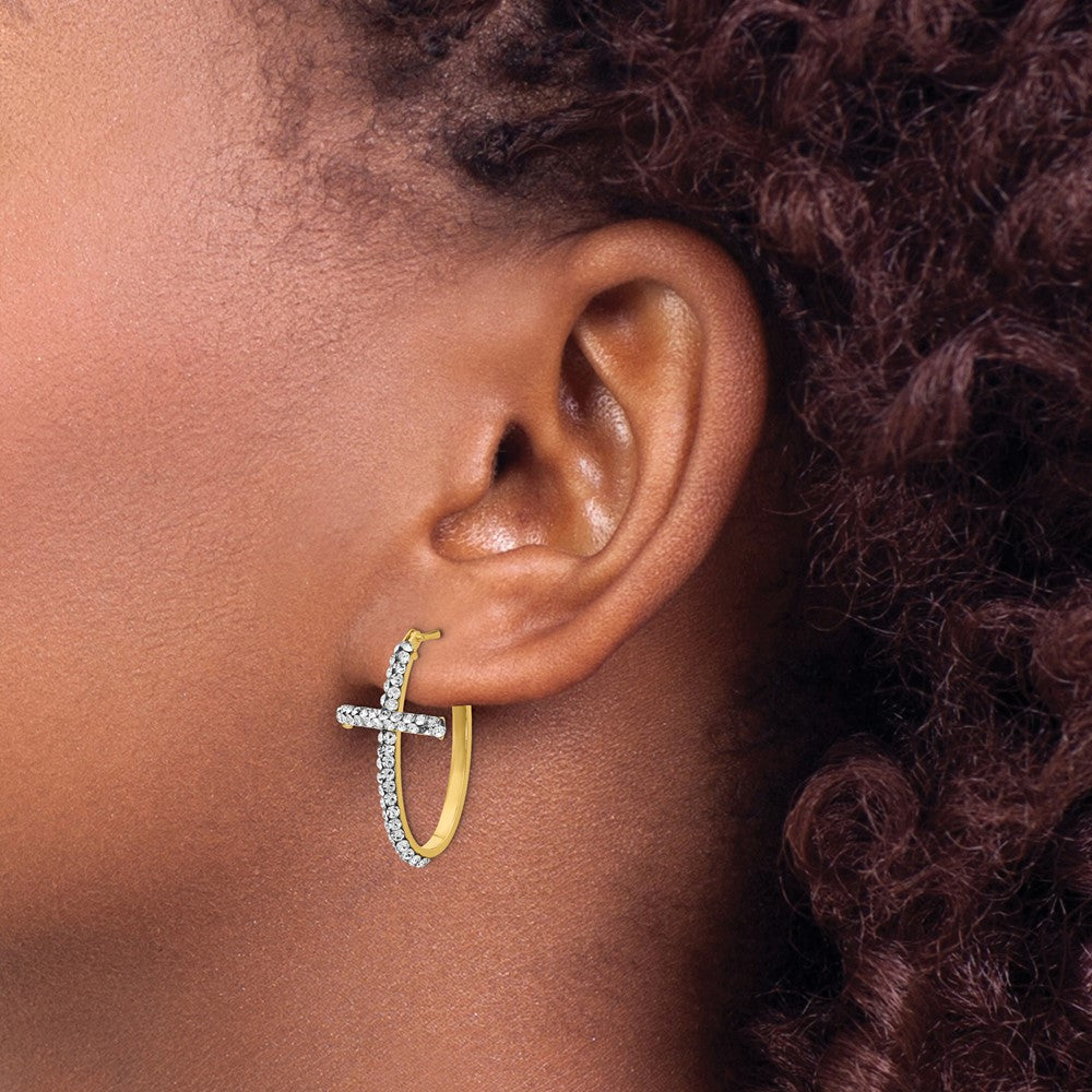 14k Yellow Gold Crystals Polished Cross Hoop Earrings