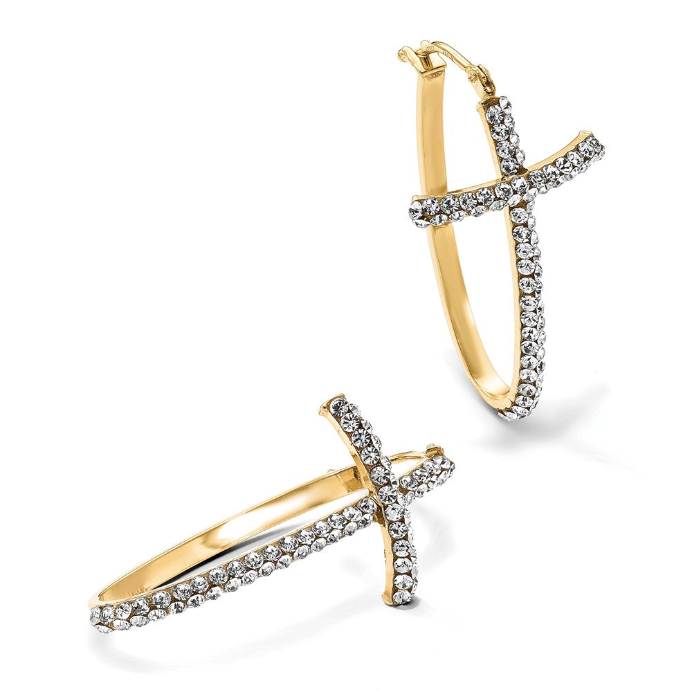 14k Yellow Gold Crystals Polished Cross Hoop Earrings