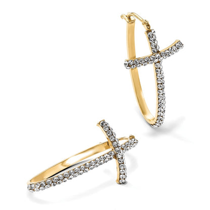 14k Yellow Gold Crystals Polished Cross Hoop Earrings