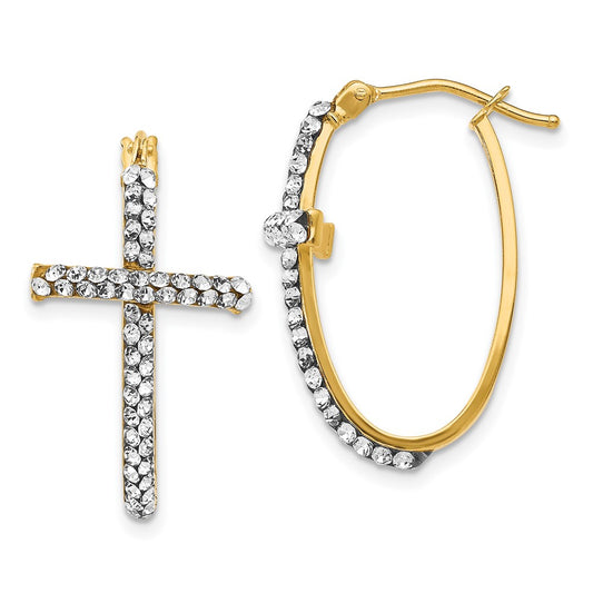 14k Yellow Gold Crystals Polished Cross Hoop Earrings