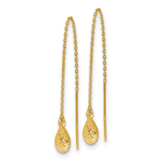 14k Yellow Gold Polished and Textured Tear Drop Threader Earrings