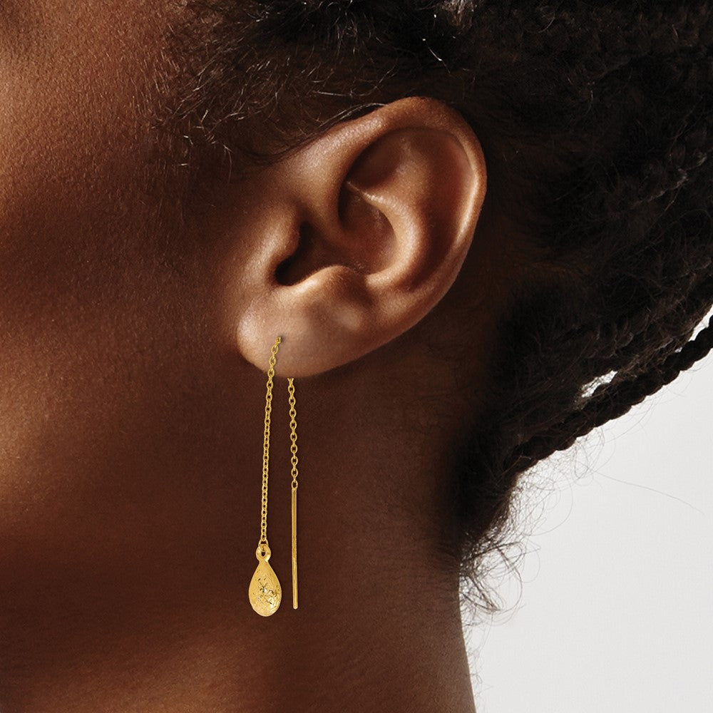 14k Yellow Gold Polished and Textured Tear Drop Threader Earrings