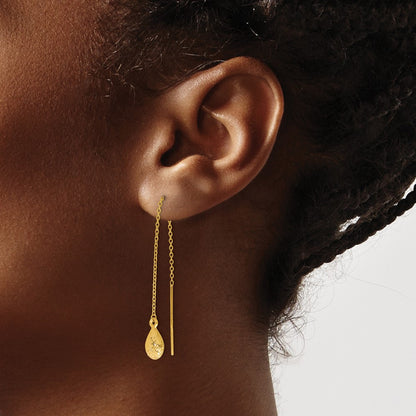14k Yellow Gold Polished and Textured Tear Drop Threader Earrings