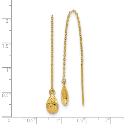 14k Yellow Gold Polished and Textured Tear Drop Threader Earrings