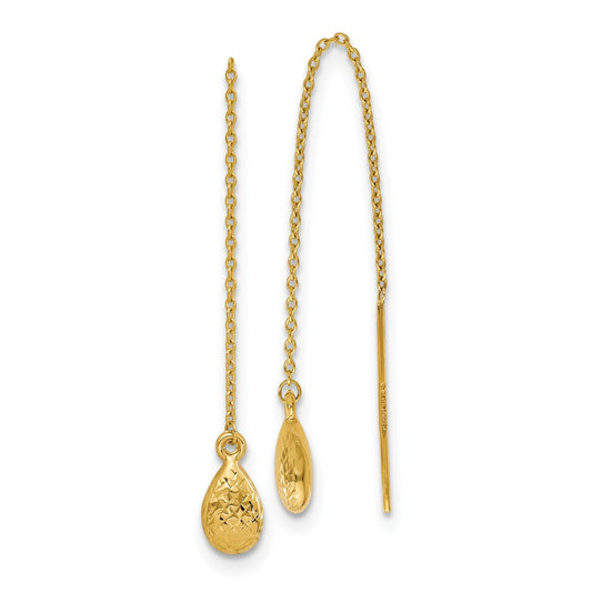 14k Yellow Gold Polished and Textured Tear Drop Threader Earrings