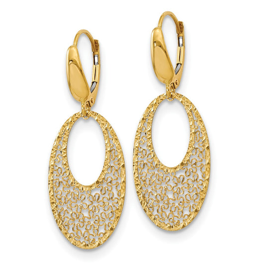 14k Yellow Gold Polished and Textured Floral Leverback Dangle Earrings