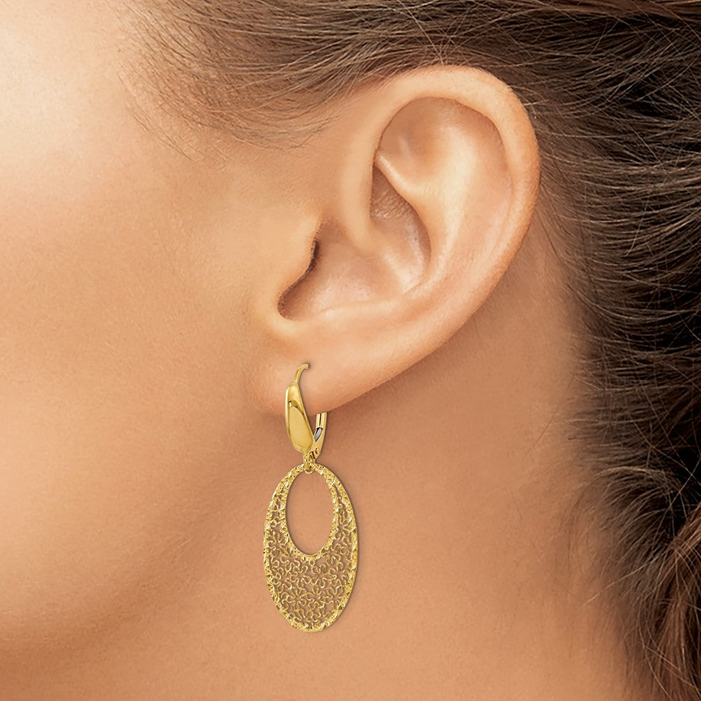 14k Yellow Gold Polished and Textured Floral Leverback Dangle Earrings