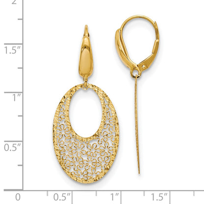 14k Yellow Gold Polished and Textured Floral Leverback Dangle Earrings
