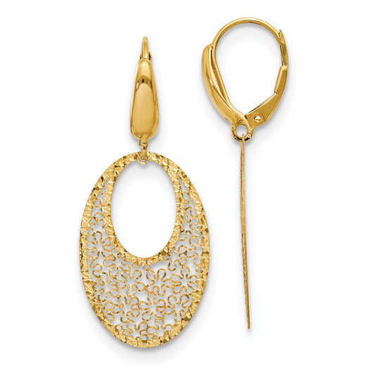 14k Yellow Gold Polished and Textured Floral Leverback Dangle Earrings