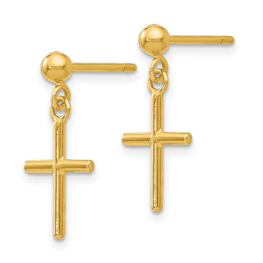 14k Yellow Gold Polished Cross Post Drop Earrings
