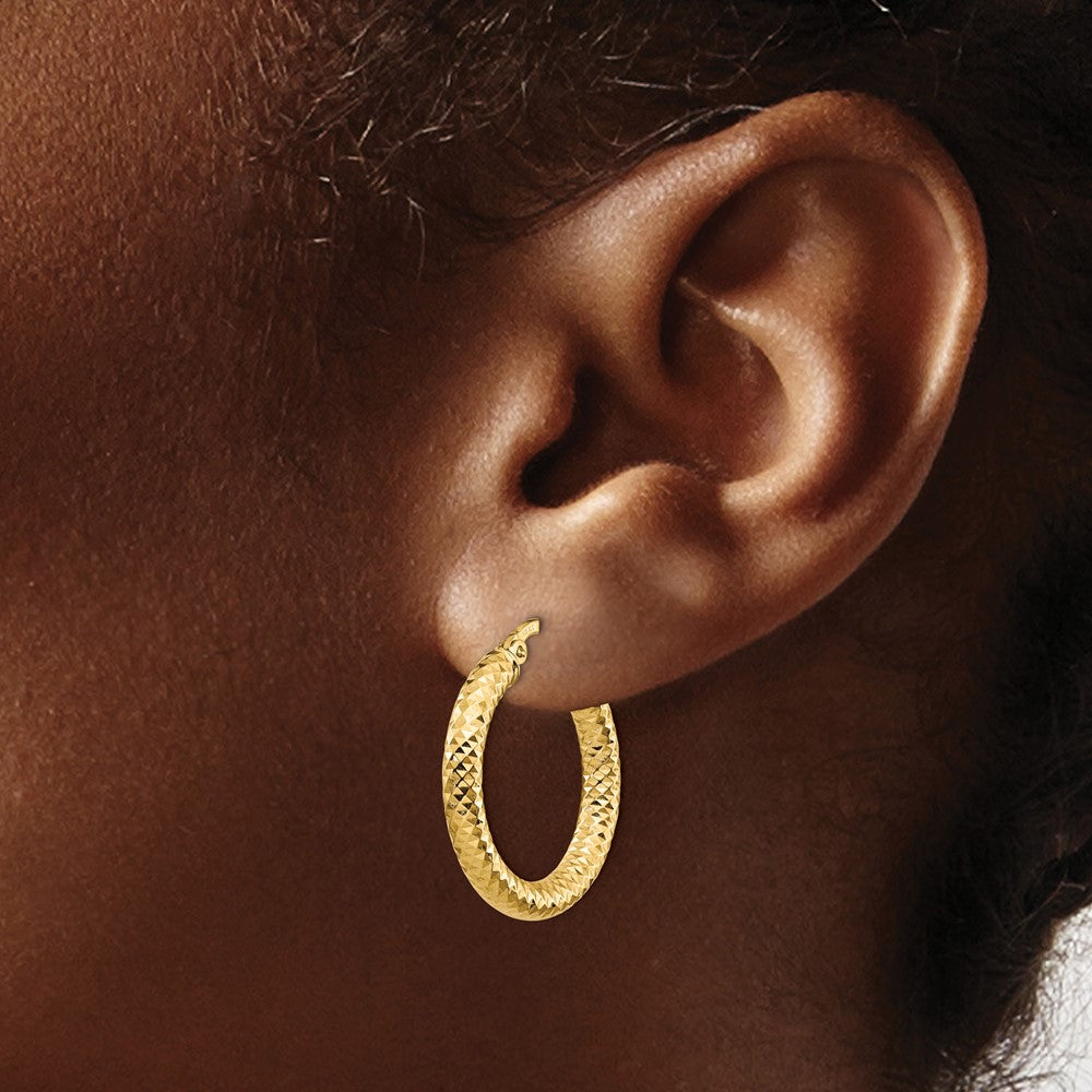 14k Yellow Gold 3x20 Diamond-Cut Round Hoop Earrings