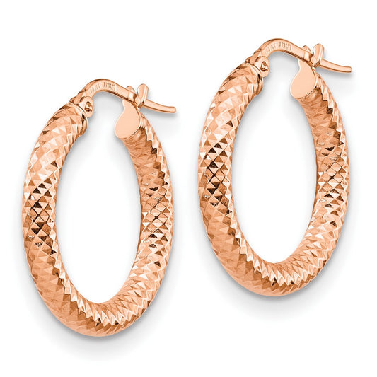 14K Rose Gold 3x15 Rose Gold Diamond-Cut Round Hoop Earrings
