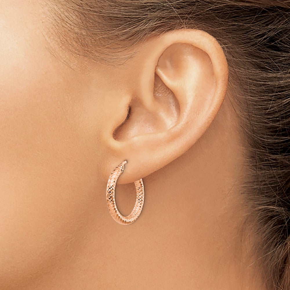 14K Rose Gold 3x15 Rose Gold Diamond-Cut Round Hoop Earrings
