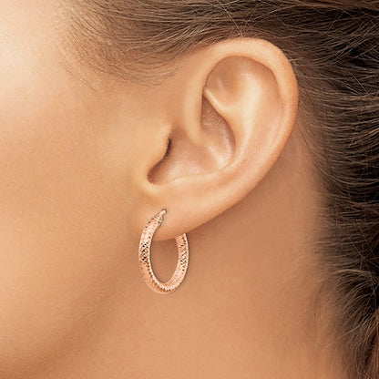 14K Rose Gold 3x15 Rose Gold Diamond-Cut Round Hoop Earrings