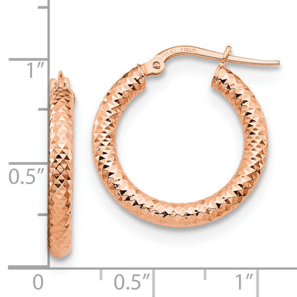 14K Rose Gold 3x15 Rose Gold Diamond-Cut Round Hoop Earrings