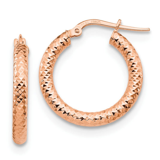 14K Rose Gold 3x15 Rose Gold Diamond-Cut Round Hoop Earrings