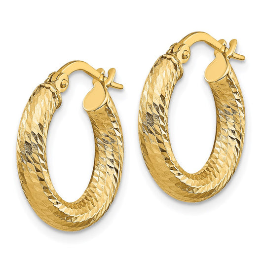 14k Yellow Gold 3x10 Diamond-Cut Round Hoop Earrings