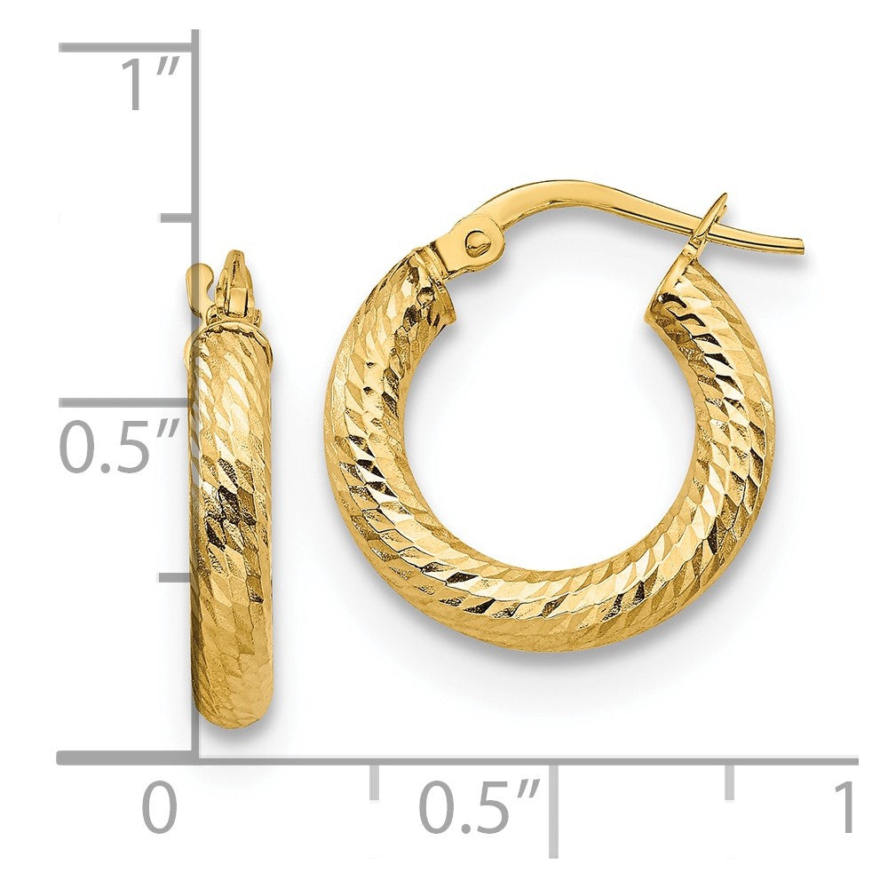 14k Yellow Gold 3x10 Diamond-Cut Round Hoop Earrings