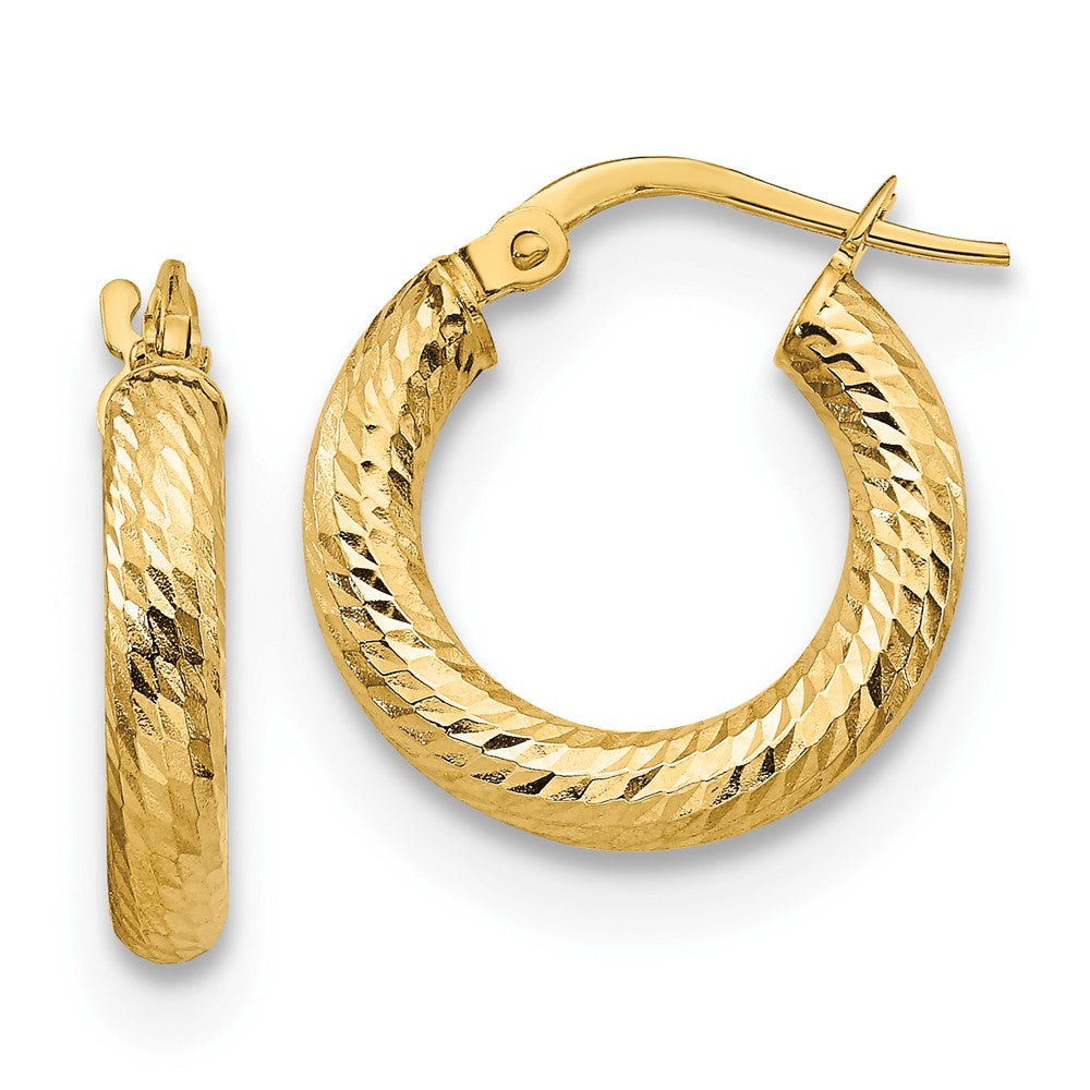 14k Yellow Gold 3x10 Diamond-Cut Round Hoop Earrings