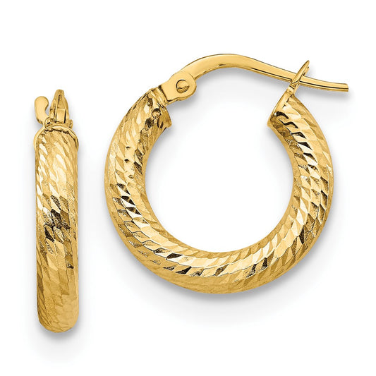 14k Yellow Gold 3x10 Diamond-Cut Round Hoop Earrings