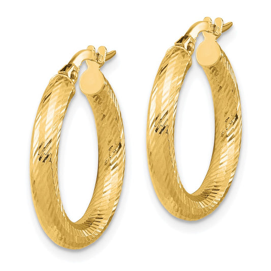 14k Yellow Gold 3x15 Diamond-Cut Round Hoop Earrings