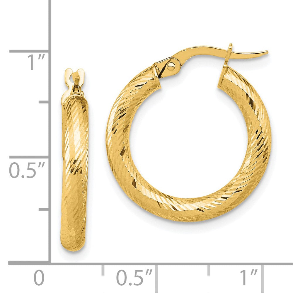 14k Yellow Gold 3x15 Diamond-Cut Round Hoop Earrings