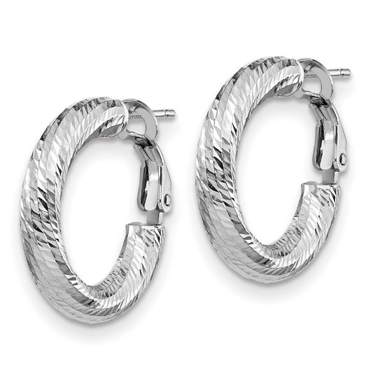 14k White Gold 4x15 White Gold Diamond-Cut Round Omega Back Hoop Earrings