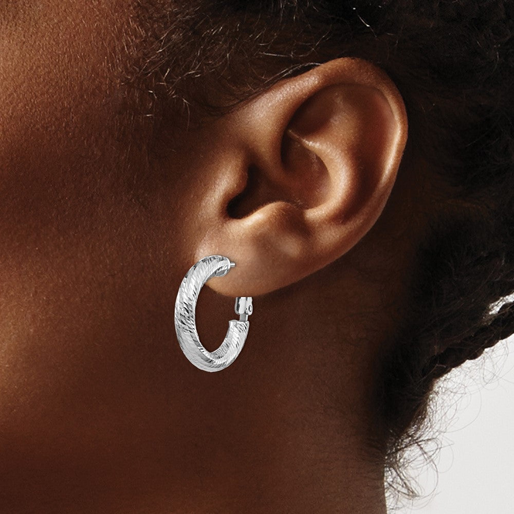 14k White Gold 4x15 White Gold Diamond-Cut Round Omega Back Hoop Earrings