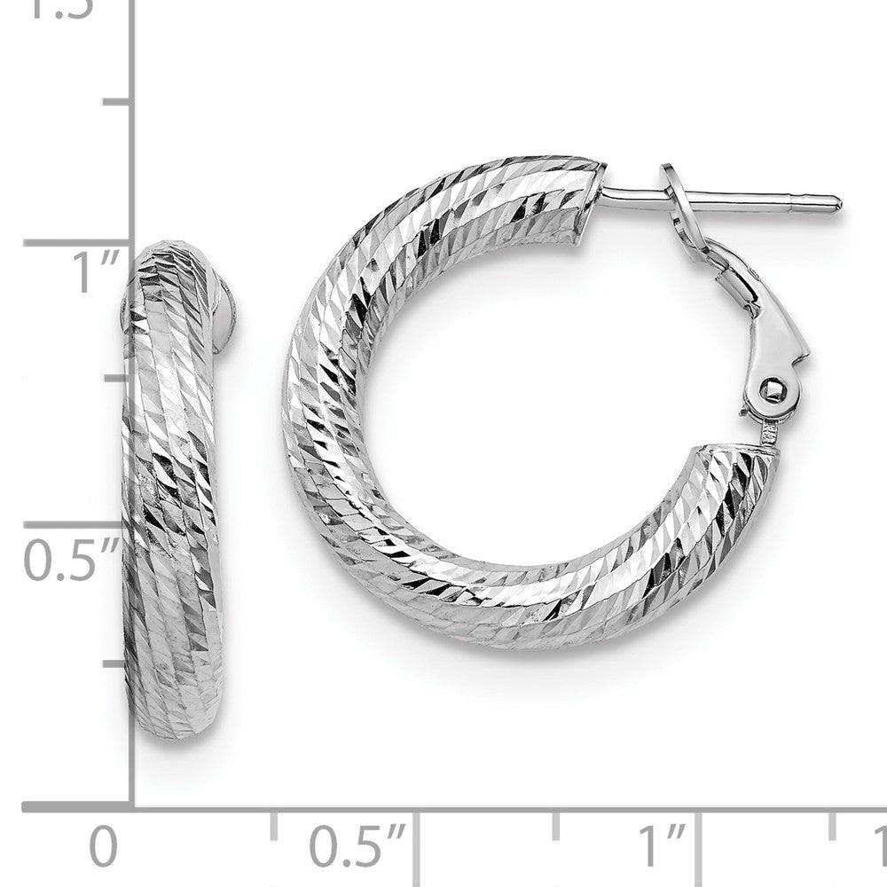 14k White Gold 4x15 White Gold Diamond-Cut Round Omega Back Hoop Earrings