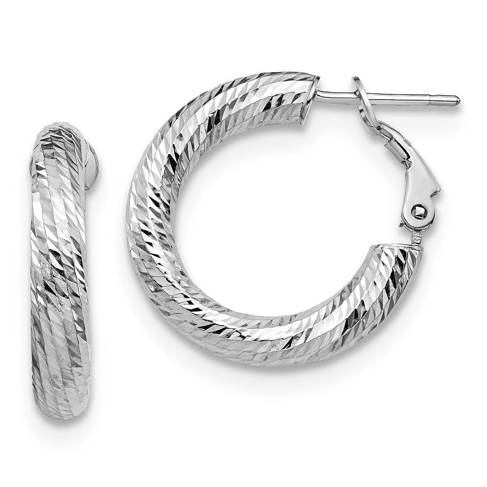 14k White Gold 4x15 White Gold Diamond-Cut Round Omega Back Hoop Earrings