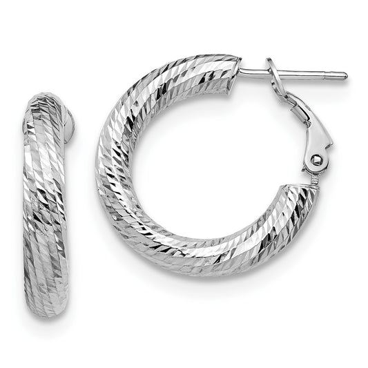 14k White Gold 4x15 White Gold Diamond-Cut Round Omega Back Hoop Earrings