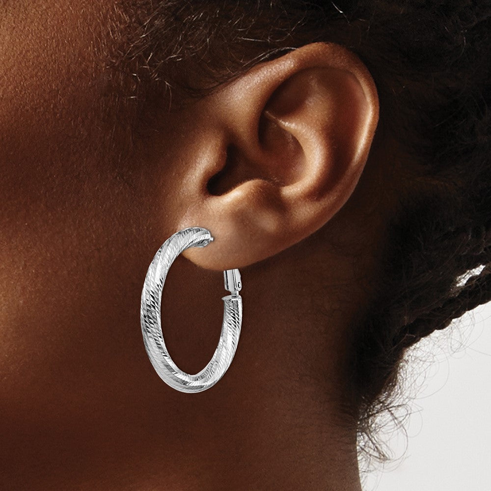 14k White Gold 4x25 White Gold Diamond-Cut Round Omega Back Hoop Earrings