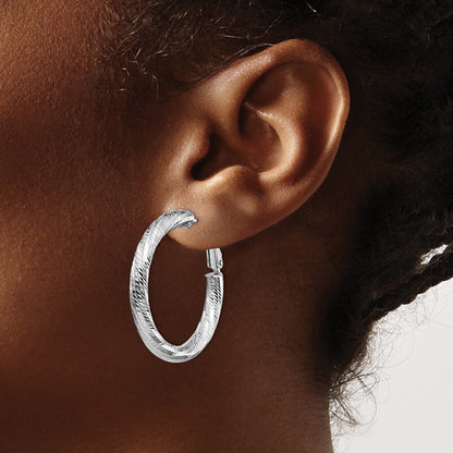 14k White Gold 4x25 White Gold Diamond-Cut Round Omega Back Hoop Earrings